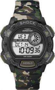Stötsäker klocka i militärgrönt kamoflaugemönster - Timex Expedition Base Shock T49976