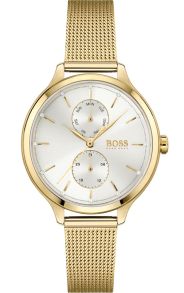 I guldfärgat stål med snygg design; de extra urtavlorna är för veckodag respektive datum - Hugo Boss Purity 1502537