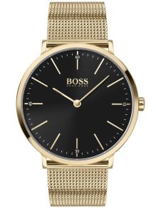 Guldfärgad stålklocka med mesharmband och svart urtavla - Hugo Boss Black Horizon 1513735