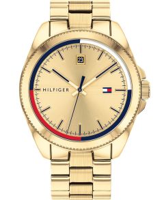 Guldfärgad stålklocka med logotypfärgerna runt urtavlan - Tommy Hilfiger 1791686