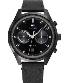 Svart armbandsklocka i läder och stål, med sammanlagt 3 separata tider - Tommy Hilfiger 1791731