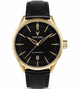 Svart läderarmband, guldfärgad stålboett - Vincero Icon Automatic Black/Gold Bla-Yg-Y03