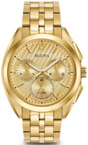 Guldfärgat stål på denna kronografklocka för män, med kurvad boett - Bulova Curv Chronograph Men's 97A125