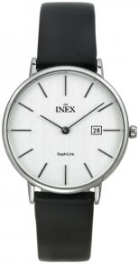 Klassisk herrklocka med låg profil och svart läderarmband - Inex Mens Silver/White A69446S4I