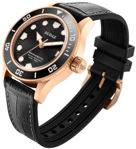 Svart dykarur med rödguldfärgad stålboett och silikonarmband draperat med läder på utsidan - Audaz Bronzmatic 200M Automatic Diver ADZ-2065-01