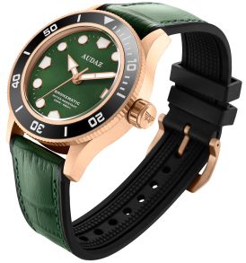 Svart silikonarmband med påsytt läder som med sin gröna färg matchar urtavlan - Audaz Bronzmatic 200M Automatic Diver ADZ-2065-03