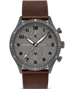12-timmars, 24-timmars samt en tredje urtavla för sekundär tidszon - Vincero The Altitude - Matte Gray/Brown GraM-Ced-A13