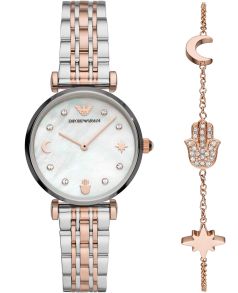 Symbolerna på setets armband är samma som markörerna för 3, 6 och 9 - Emporio Armani Gianni T-Bar Set AR80037