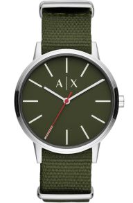 Minimalistisk armbandsklocka i silverfärgat rostfritt stål och med olivgrönt nylonarmband och urtavla - Armani Exchange Cayde AX2709