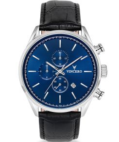 Svart läderarmband, självlysande beläggning - Vincero Chrono S Blue/Black Blu-Bla-S04