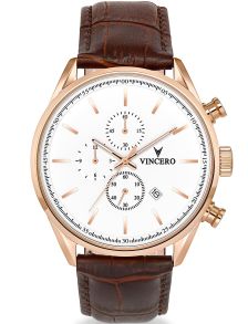 Elegant herrur med vid urskiva och brunt läderarmband - Vincero Chrono S Rose Gold/White Whi-Gol-S07