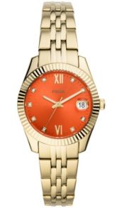 Damur i guldfärgat stål, med orange urtavla - Fossil Scarlette ES4904