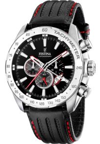 Herrur med stålboett, detaljer i svart och rött - Festina Mens Chronograph Leather F16489/5