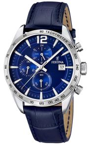 Armbandet och urtavlan har blå färg - Festina Mens Chronograph Blue Leather F16760/3