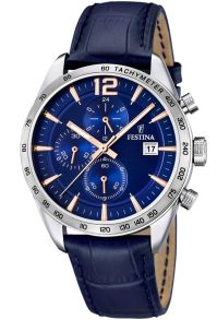 Kronograf med takymeter och blått läderarmband - Festina Chronograph F16760/5