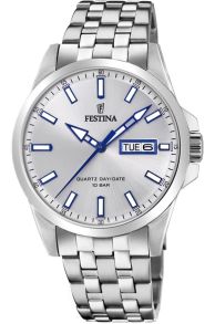 Blåvitt lyser upp urtavlan, i kontrast mot allt silverfärgat stål - Festina Classic F20357/1