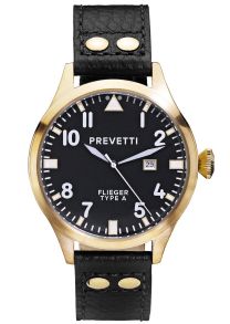 Svart herrur med guldboett och läderarmband - Prevetti Flieger Type A PR11001