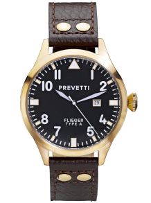 Guld-herrur med svart urskiva och brunt läderarmband - Prevetti Flieger Type A PR11003