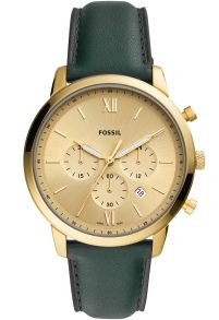 Kronograf där boett och urtavla är harmoniskt guldfärgat, och ett grönt armband av läder - Fossil Neutra Chrono FS5580