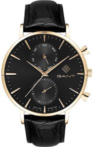 Boetten är guldfärgat stål, läderarmbandet och urtavlan är svarta - Gant Park Hill II Day-Date G121005