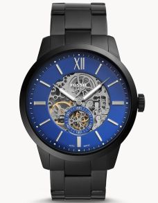Svart stålklocka, och den del av urtavlan som existerar; är blå - Fossil Townsman Automatic ME3182