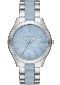 Snyggt med pärlemorurtavlans blåa färg som går vidare ut i det silverfärgade armbandet - Michael Kors Slim Runway MK4549