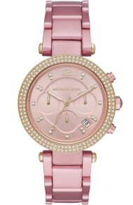 Stort damur med rosa aluminiumarmband och rödguldsfärgad boett - Michael Kors Parker MK6806