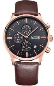 Kronografklocka med brunt läderarmband - Megir Chronograph ML2011GBN-1N0