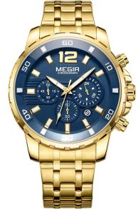 Klocka i guldfärgad metall, med blå urskiva - Megir Chronograph MS2068GGD-2N3