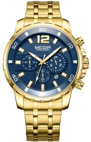 Klocka i guldfärgad metall, med blå urskiva - Megir Chronograph MS2068GGD-2N3