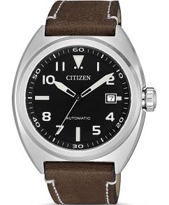 Silverfärgad stålboett, brunt läderarmband, svart urtavla - Citizen Mechanical NJ0100-11E