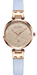 Blått läderarmband, rödguldsfärgad boett med mönstrad urtavla - Olevs Modern Lady Rosegold Blue