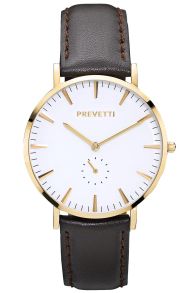 Klassiskt herrur med guldboett och brunt läderarmband - Prevetti Preppy Gold/Brown PR10002