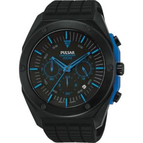 Modern herrur från Pulsar, svart med blåfärgade detaljer - Pulsar Chronograph Silicone PT3465