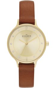 Skagen damur i guld, med brunt läderarmband - Skagen Anita Gold Leather SKW2147