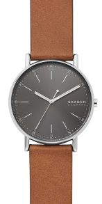 Brunt läderarmband, grå urtavla och kvartsur - Skagen Signatur SKW6578