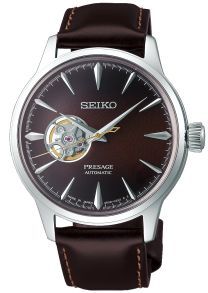 Rostfritt och silverfärgat stål möter brunt läderarmband - Seiko Presage Cocktail Time Stinger Open Heart SSA407J1