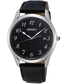 Boett och detaljer är silverfärgade, resten (inklusive läderarmbandet) är svart - Seiko Classic SUR305P1