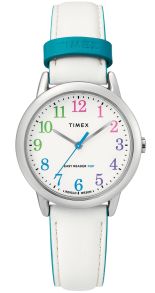 Läderarmband och urtavla är vit, siffrorna är färgrika - Timex Easy Reader TW2T28800