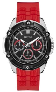 Urtavla med färger som signalerar allvarlighet, rött silikonarmband som passar för aktivt liv - Guess Mens Active Life W1302G1